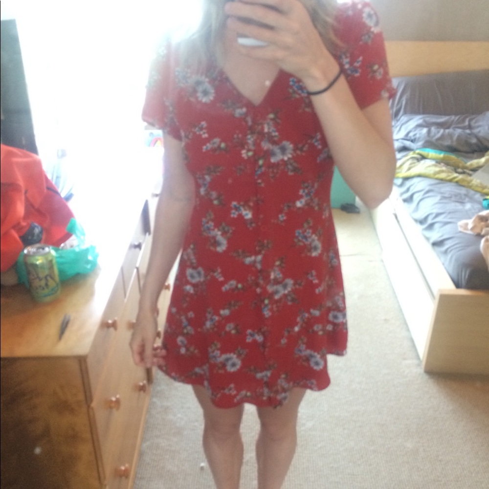Red Floral Button Down Dress